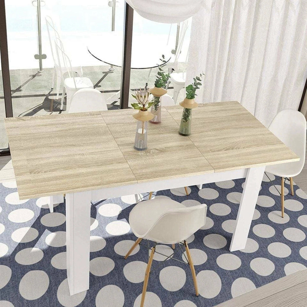 Tavolo allungabile Abudula, Tavolo per sala da pranzo allungabile, Tavolo da pranzo estensibile con allunga, cm 140/190x90h78, Rovere e Bianco