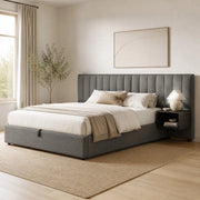 Letto matrimoniale 160x200 cm con contenitore idraulico e 2 comodini; in lino grigio e nero