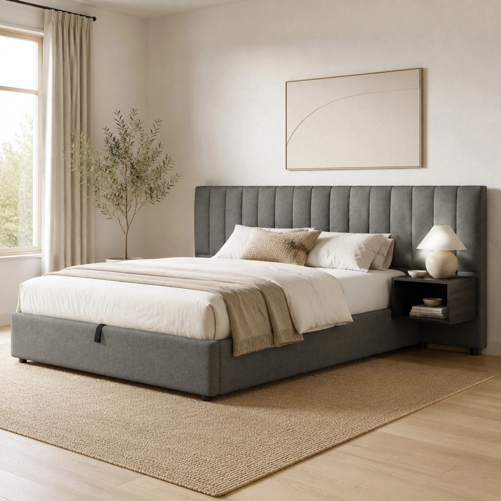Letto matrimoniale 160x200 cm con contenitore idraulico e 2 comodini; in lino grigio e nero