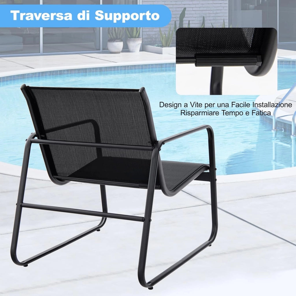Set Tavolino e Sedie da Giardino, Set Bistrò 3 Pezzi, Set da Giardino in Metallo e Tessuto Textilene, Tavolino in Vetro Temperato, per Giardino, Cortile, Bordo Piscina (Nero)