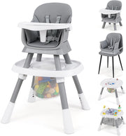 Seggiolone Pappa Bambini, con Cintura e Vassoio Rimovibile (Grigio) | Sedia Evolutiva per Neonati 6-36 Mesi con Cintura e Vassoio Rimovibile, 3 Giochi e Cestino