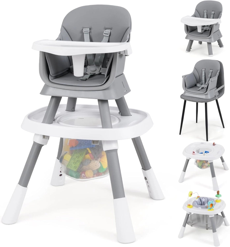 Seggiolone Pappa Bambini, con Cintura e Vassoio Rimovibile (Grigio) | Sedia Evolutiva per Neonati 6-36 Mesi con Cintura e Vassoio Rimovibile, 3 Giochi e Cestino