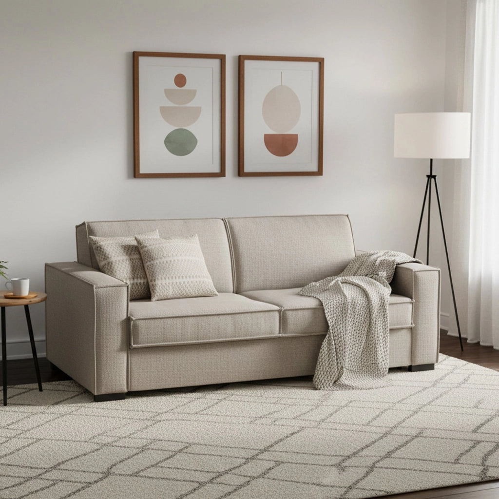 Divano Letto Alisa, Divano a 2 posti Large, Made in Italy, SofÒ  Soggiorno con apertura girevole, in tessuto imbottito, con Braccioli slim, cm 180x95h90, Tortora