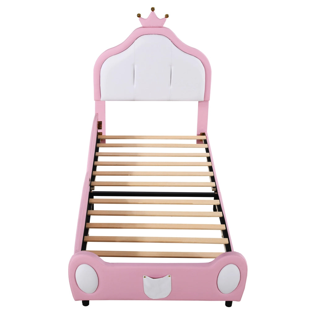 Letto singolo imbottito ULEVR 90x200 cm con testiera a corona, similpelle rosa e bianca