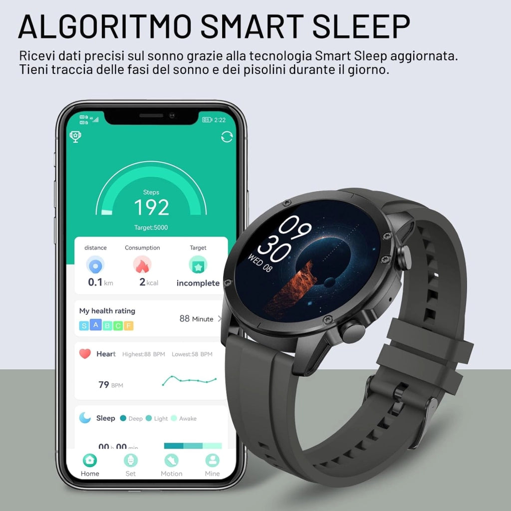 Smartwatch Uomo Militare, 1.43" AMOLED Orologio Smartwatch con Chiamate Bluetooth, 120 Sportive Smart Watch con Contapassi/Sonno/Cardiofrequenzimetro/SpO2, Impermeabil IP68 Smartband per Android iOS