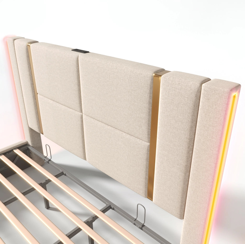 Letto imbottito matrimoniale con contenitore; LED RGB; USB e Type-C; 180x200 cm; beige