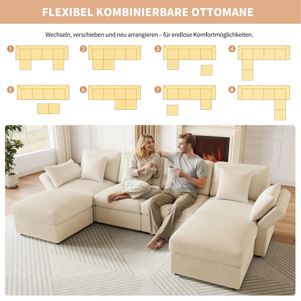 Divano angolare modulare con braccioli regolabili e 2 pouf mobili in tessuto a coste beige 290 × 159,5 × 89 cm