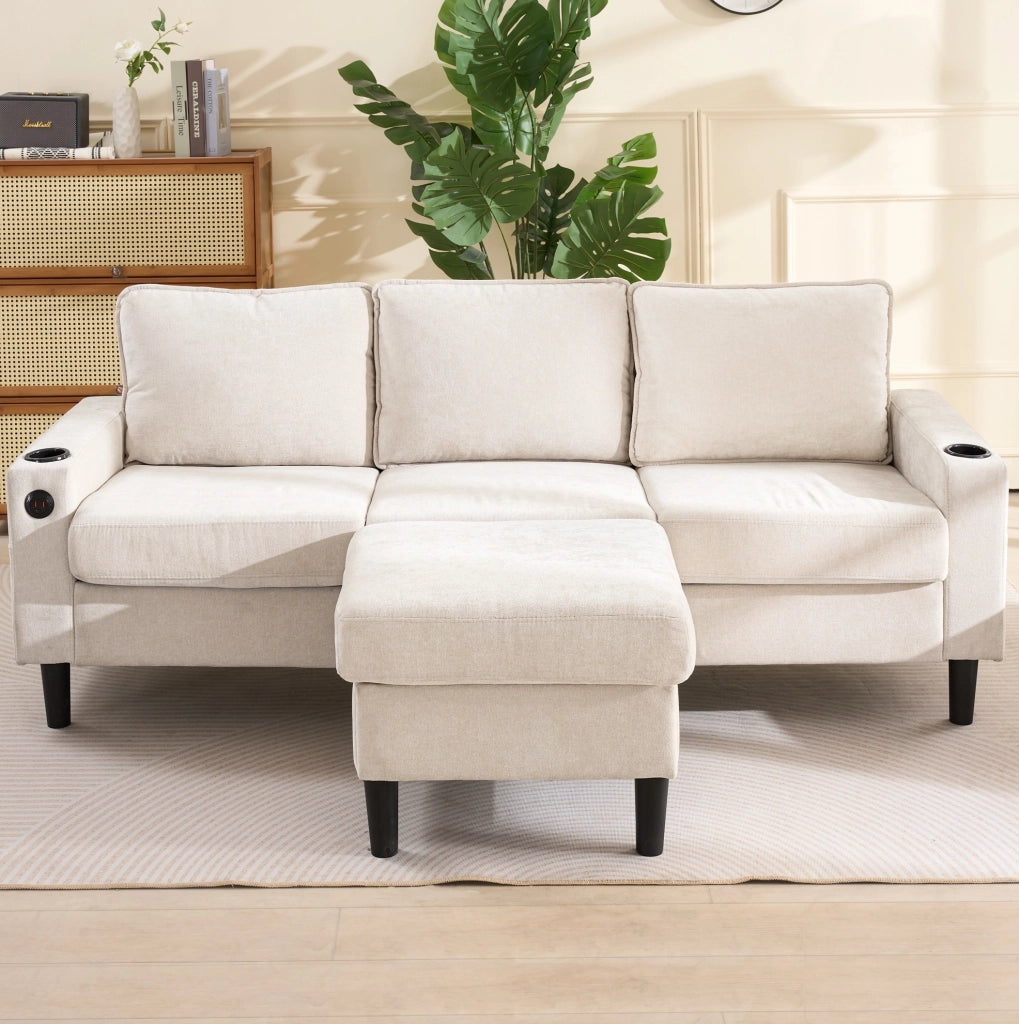 Divano angolare ULEVR 202x137x80 cm beige con pouf, USB, Type-C e porta bevande