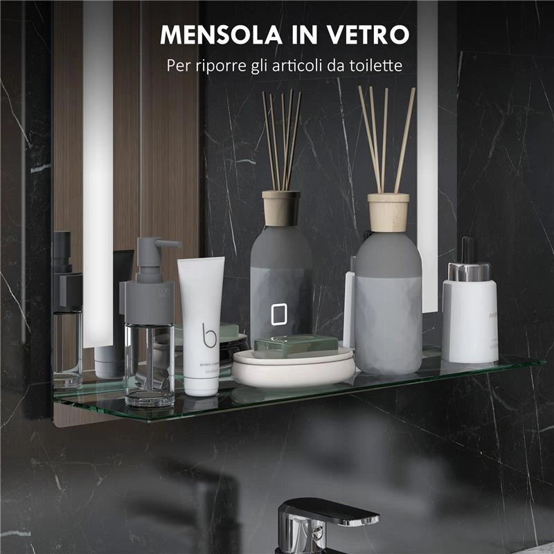 SPECCHIO PER BAGNO CON LUCE LED REGOLABILE A 3 COLORI E MENSOLA IN VETRO 50X12X70 CM ARGENTO