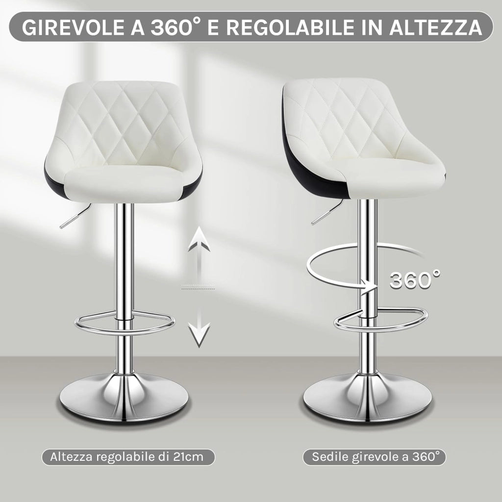 Sgabello cucina, Sgabello da Bar, Sedia da Bar Girevole Regolabile in Altezza, con Schienale Poggiapiedi, in PU, Bianco, BH30ws-1
