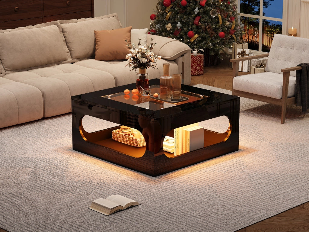 TAVOLINO DA SOGGIORNO 70x70x35 cm Nero in MDF e vetro temperato con LED