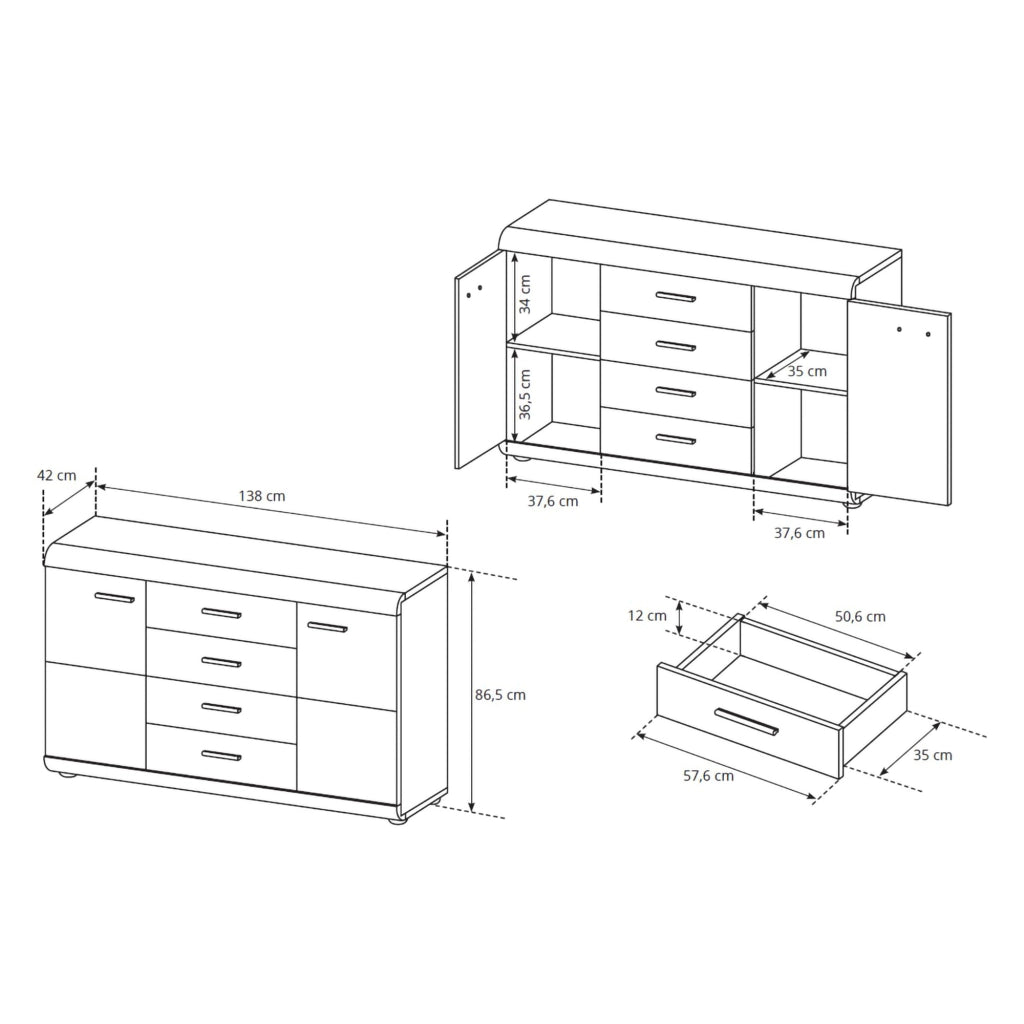 Madia Hamireso, Credenza 4 Cassetti, 140x42x87h cm Marrone Rovere