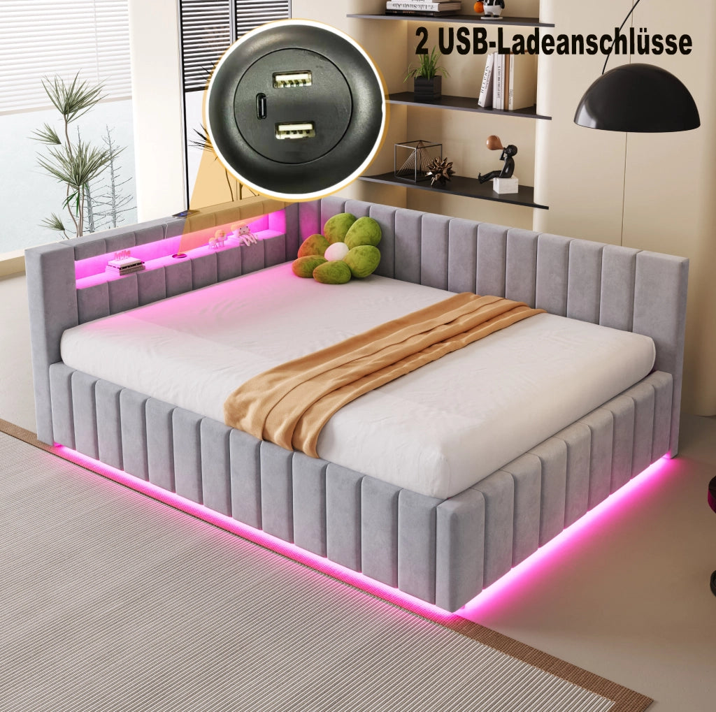 Letto imbottito ULEVR 140x200 cm con contenitore idraulico, LED e USB, velluto grigio