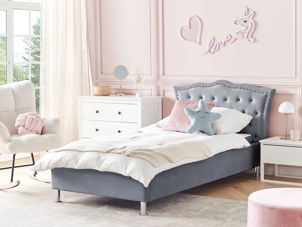 Letto singolo con contenitore in velluto grigio 90 x 200 cm camera da letto cameretta elegante glamour