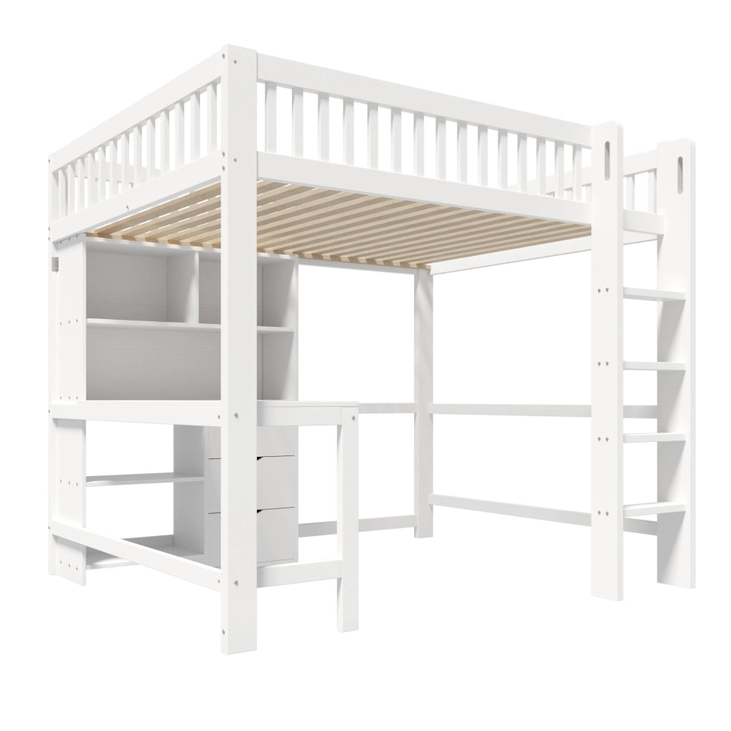 OKWISH Letto a soppalco 140×200 cm, Letto matrimoniale con Scrivania, 3 Cassetti, Mensole e Scala, senza Materasso, in Pino, Bianco