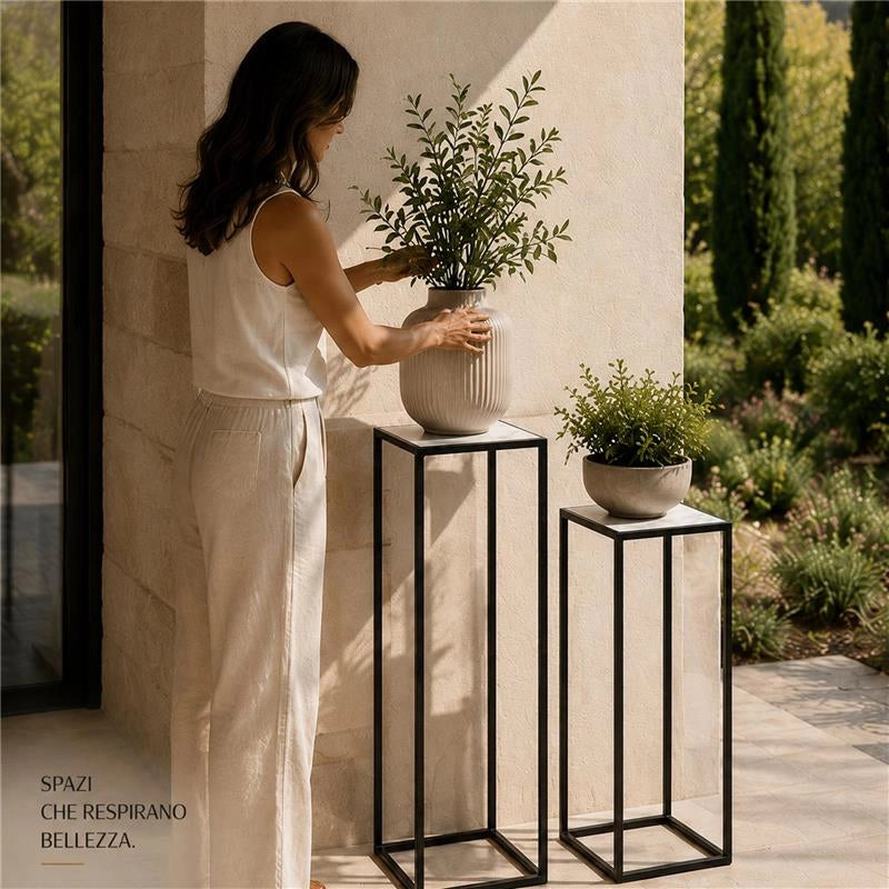 2 COLONNINE IN METALLO MISURE 23X60CM E 27X70CM CON TOP IN MDF SIMIL MARMO