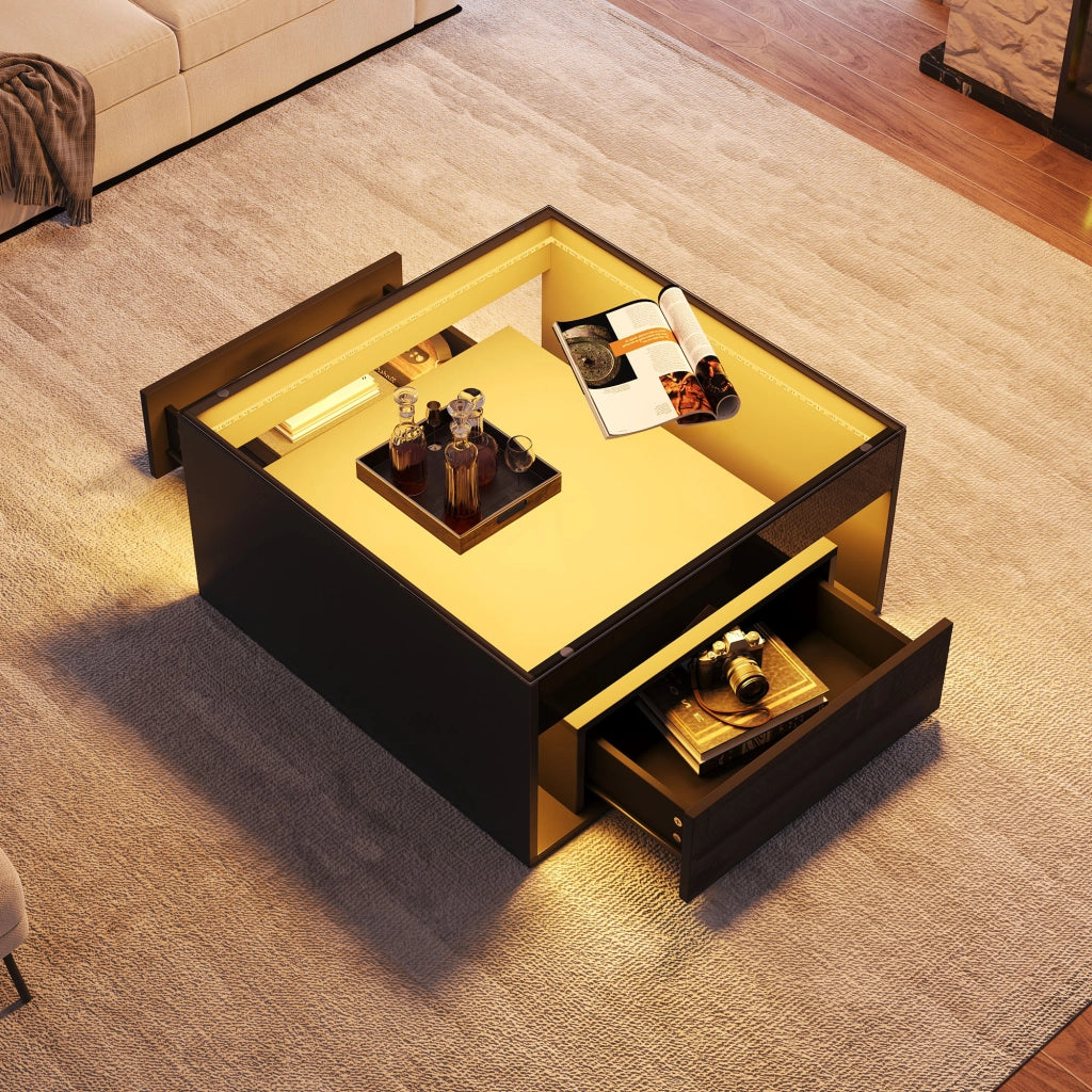 Tavolino da caffè 70x70x35 cm; 2 cassetti con LED; MDF e vetro temperato nero