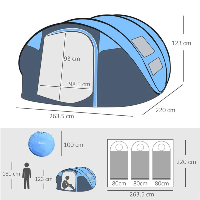 TENDA DA CAMPEGGIO POP UP 2 POSTI CON 2 PORTE, 4 FINESTRE E TELO IMPERMEABILE, 263.5X220X123 CM, BLU