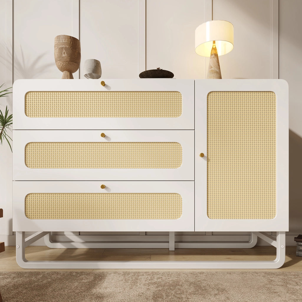 Credenza con 3 cassetti e anta con ripiani regolabili in MDF e metallo bianco 120 × 40 × 85 cm