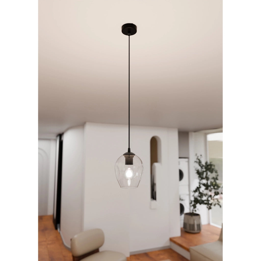 Sospensione 1 Luce Fuxi In Acciaio Nero E Vetro Trasparente