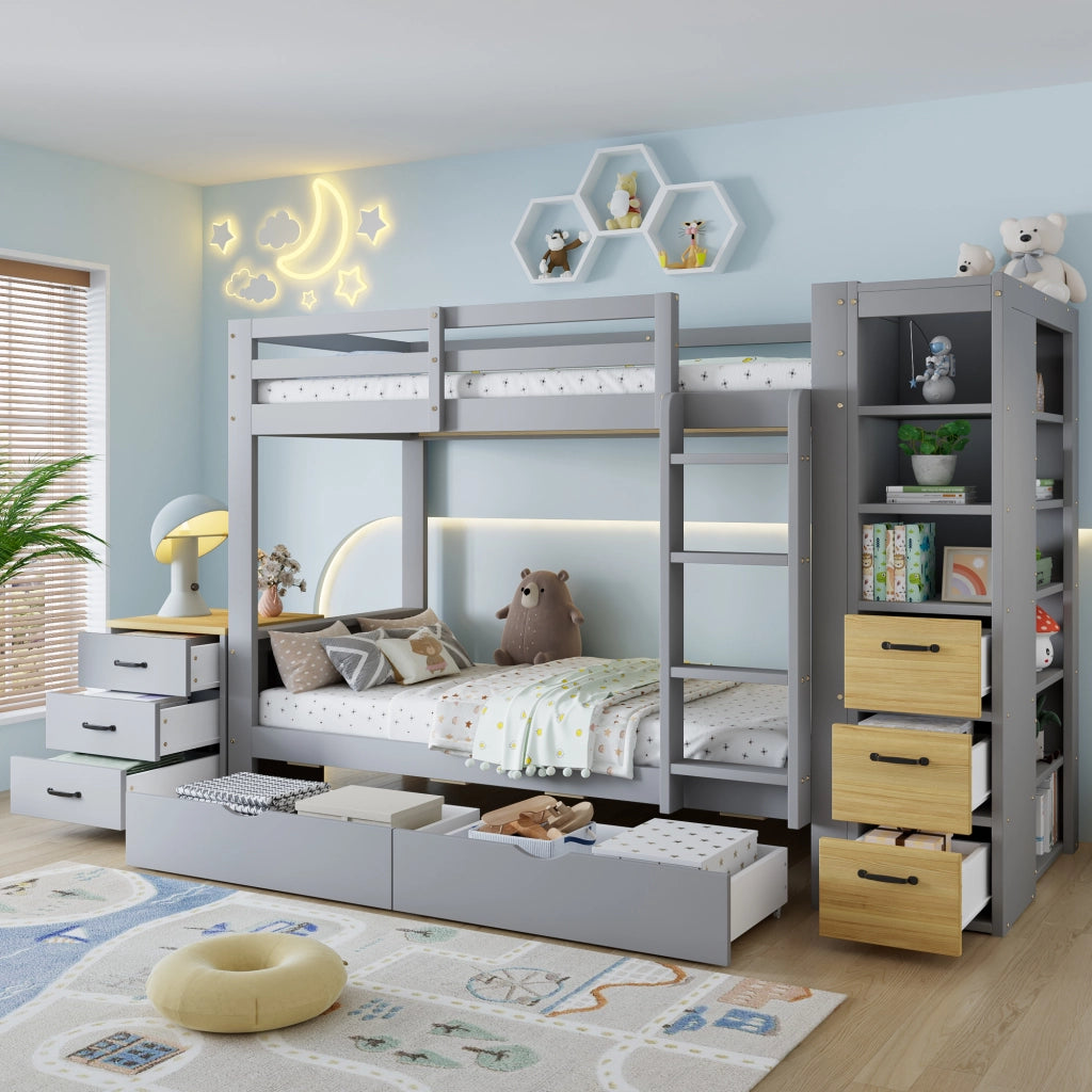 Letto a castello 90 × 200 cm grigio con cassetti scaffale laterale e comodino indipendente in legno