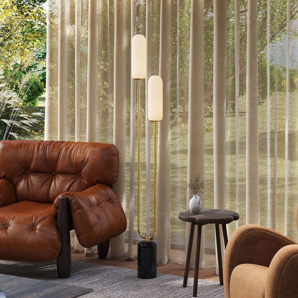 Lampada da terra ¨C Minimal ¨C base in marmo, 2 paralumi in vetro, interruttore a pedale, bianco