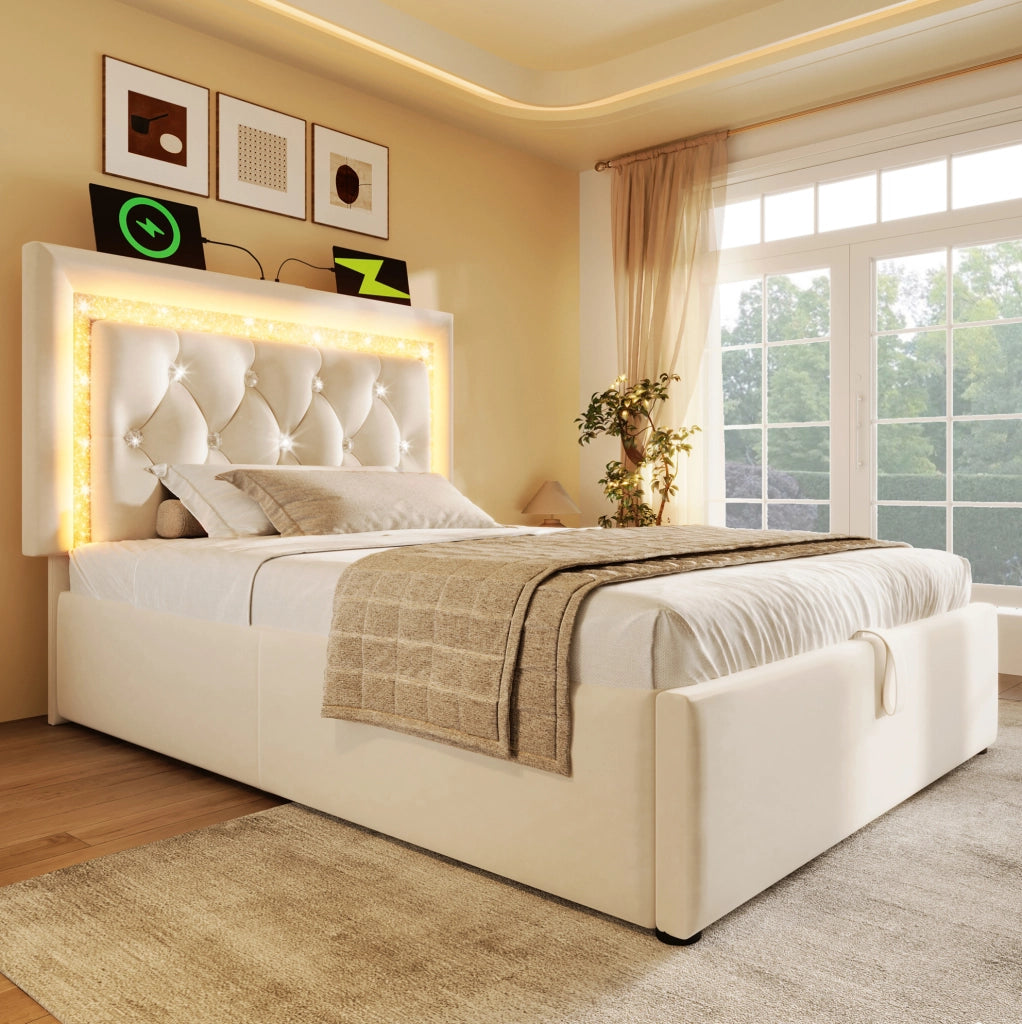 Letto singolo 90x200 cm con contenitore; LED e porta USB C; velluto beige