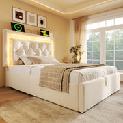 Letto singolo 90x200 cm con contenitore; LED e porta USB C; velluto beige