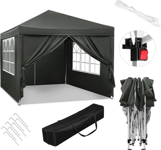 Tenda Opvougbile - Casa da Giardino - Impermeabile - Protezione UV - Con Tasca Portatile - Adattabile in 3 Altezze - Pareti laterali ripiegabili - 300x300x260 cm - Grigio Scuro