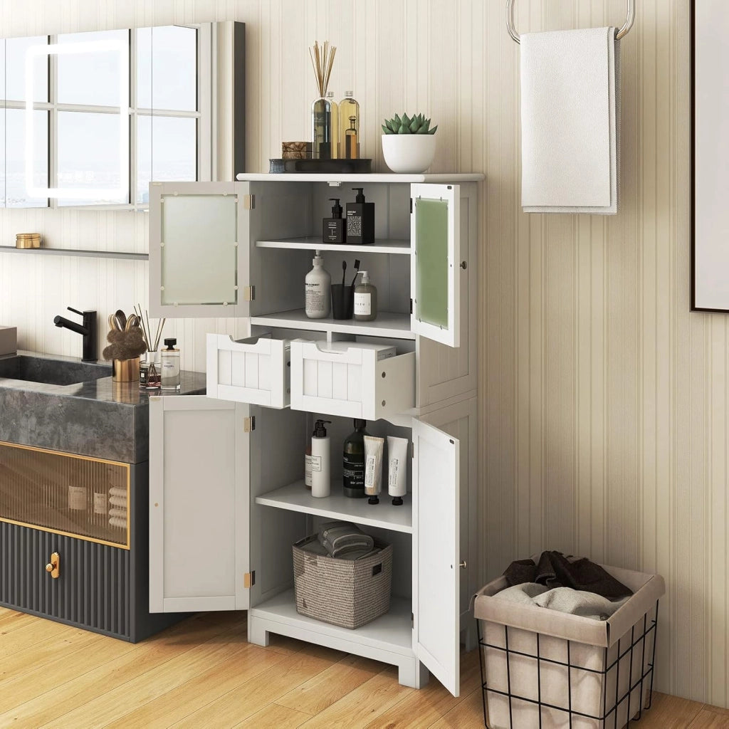 Mobile Bagno con 4 Ante + 2 Cassetti, Armadietto Multifunzione Salvaspazio 60x30x128cm, Design Modulare per Casa, Toilette e Cucina, 2 Colori Scelta & Facile Pulizia