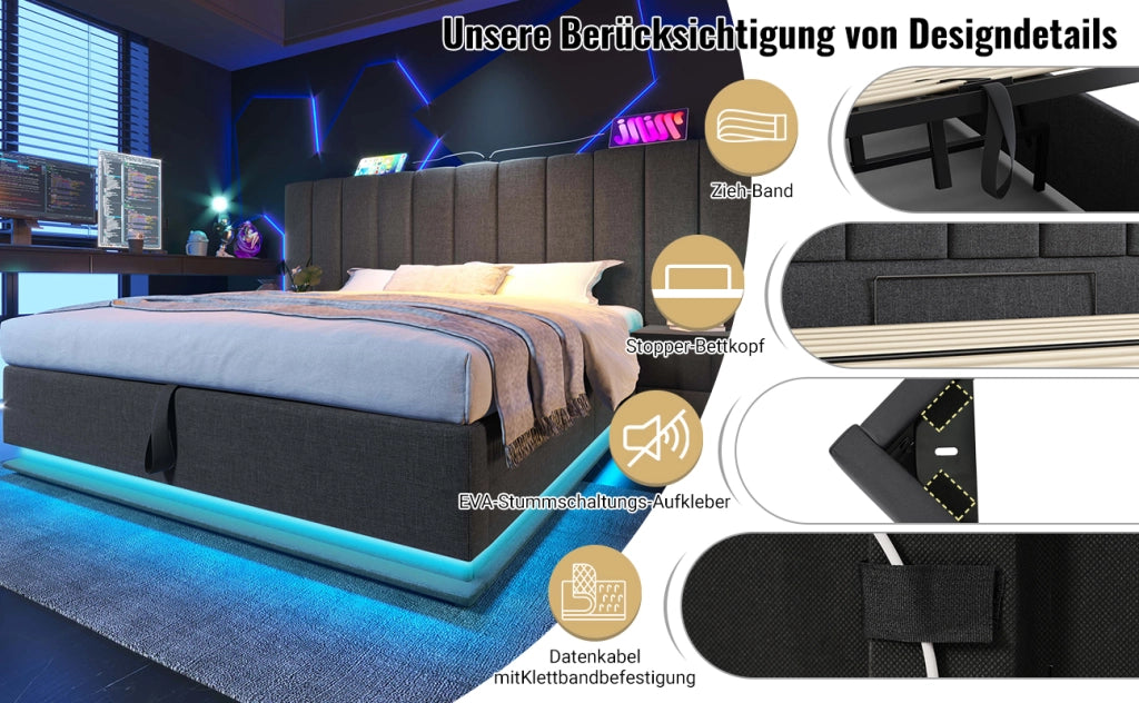 DESMIU Letto contenitore 160 × 200 cm 2 posti con 3 USB, Type-C e LED regolabile, senza materasso, in lino, grigio