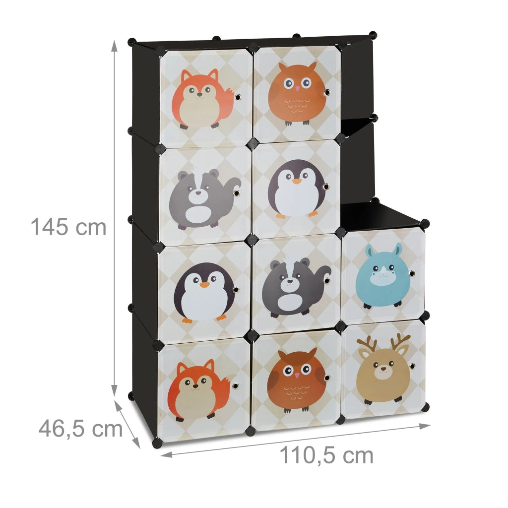 Armadio modulare a 10 scomparti portaoggetti per bambini motivi animali 85 x 40 x 180 cm in plastica nera 13_0004057