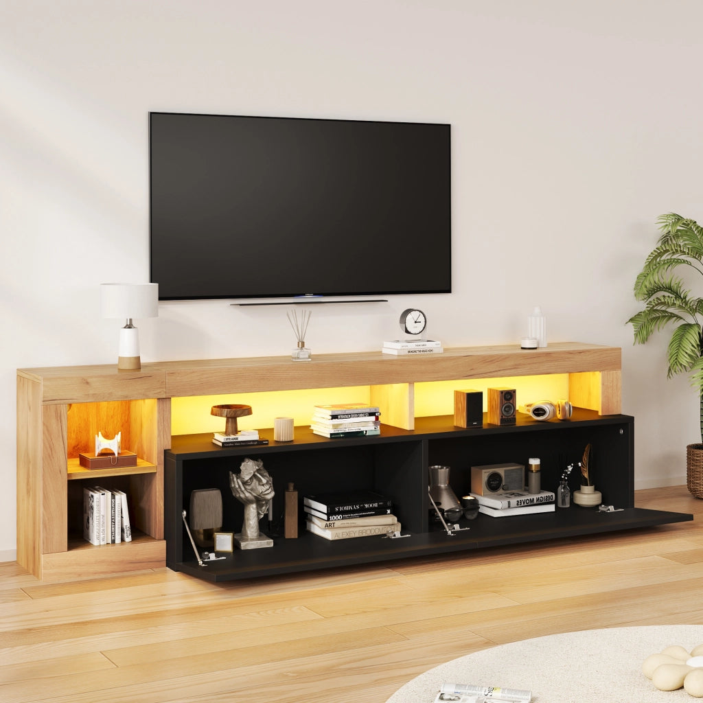Mobile TV 184x42x58 cm con illuminazione LED e vani aperti in truciolare nero naturale