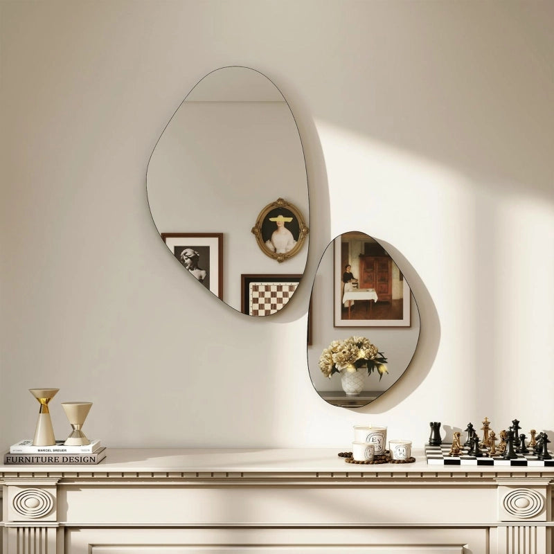 Set di 2 specchi da parete, 70 x 46 cm, 49,5 x 31 cm, specchio da finestra con cornice in metallo, specchio da appendere a forma di ciottolo, nero