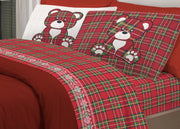 Completo Lenzuola Linea Pensieri Delicati 100% Cotone Disegno Orsetto Tartan - Matrimoniale - Rosso