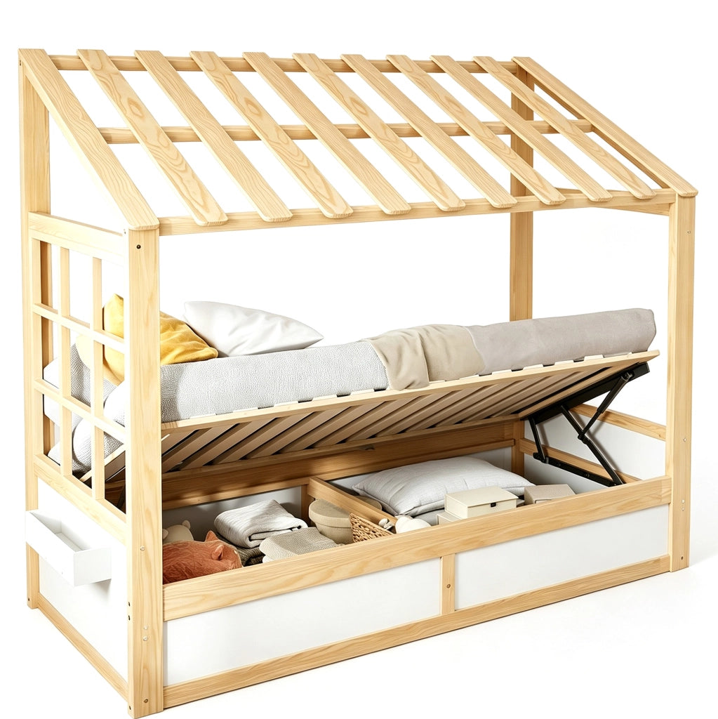 Letto per bambini 90x200 cm con contenitore idraulico e vani laterali in legno bianco e colore naturale