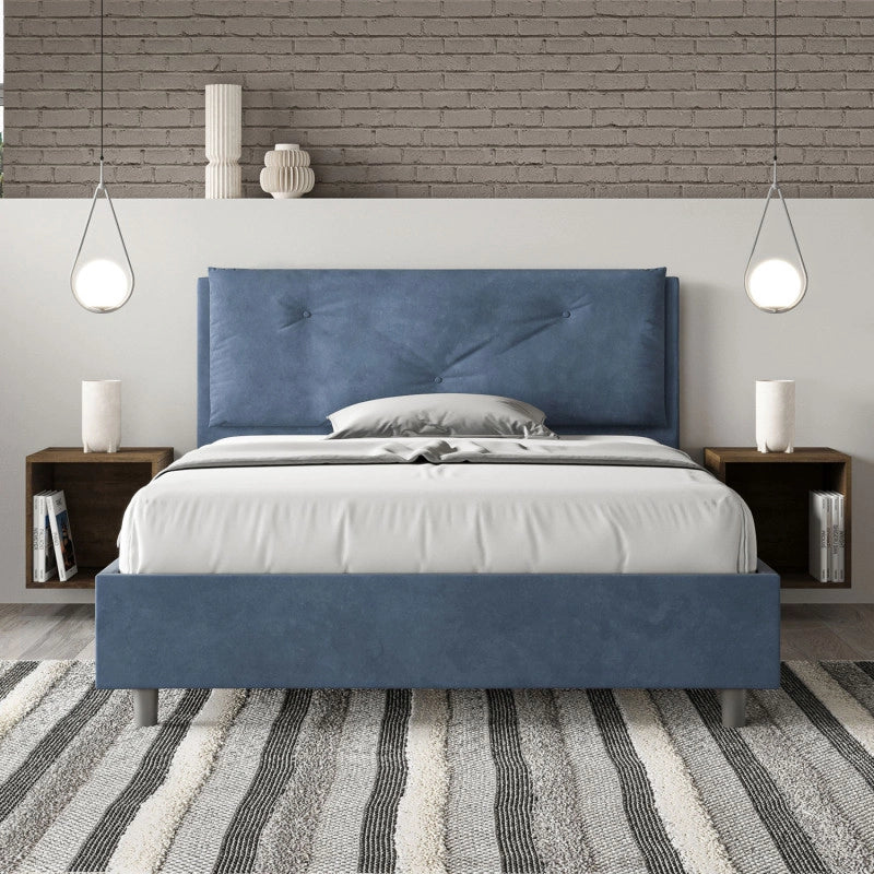 Letto imbottito Letto Matrimoniale alla Francese 140x190 cm Large - Con rete,Microfibra,Blu