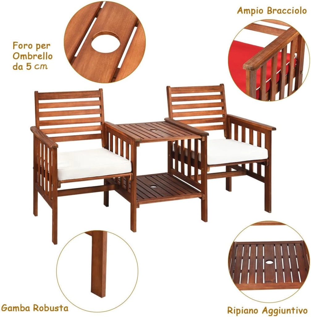 Set Tavolo e Sedia da Giardino con Foro per Ombrello, Set di Mobili a 2 Posti da Esterno in Legno con Cuscini, per Giardino, Cortile e Bordo della Piscina