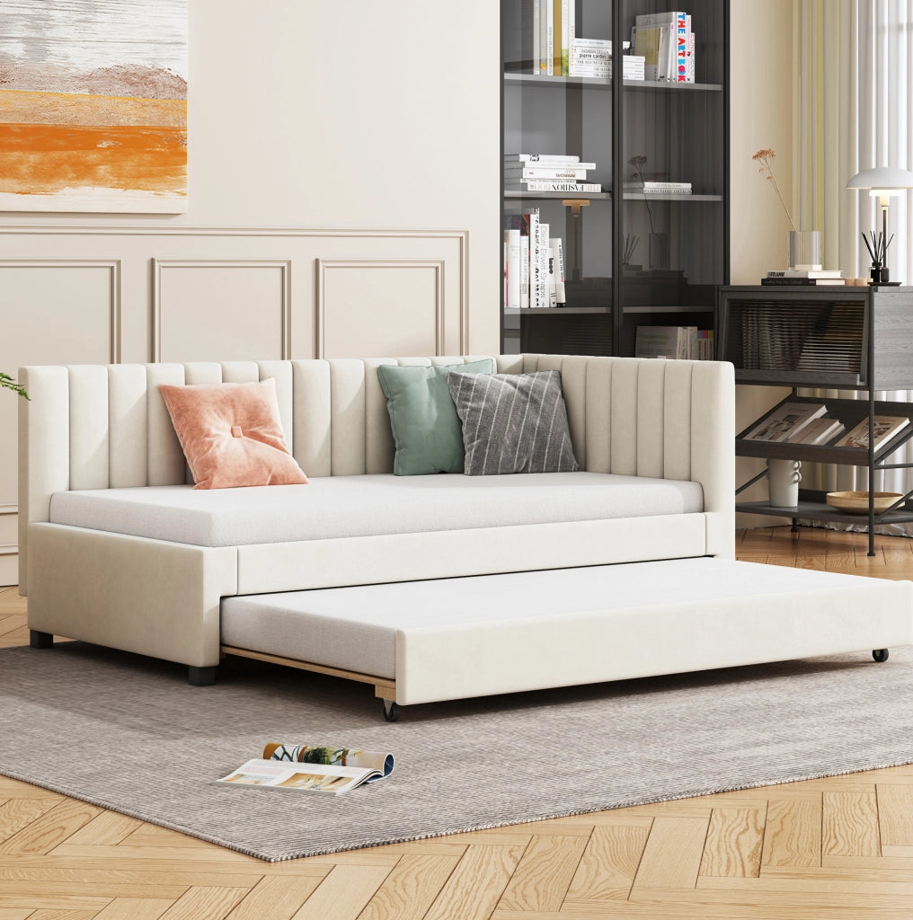 Letto imbottito 90x200 cm; convertibile con letto estraibile; velluto beige (Senza materasso)