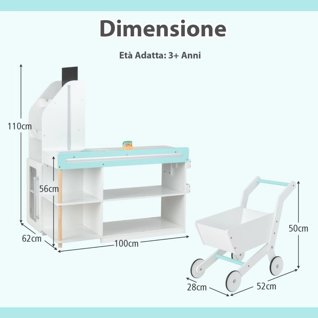 Set da supermercato in legno per bambini, Gioco di finta spesa con registratore di cassa carrello della spesa Bianco-Case e cucine giocattoli