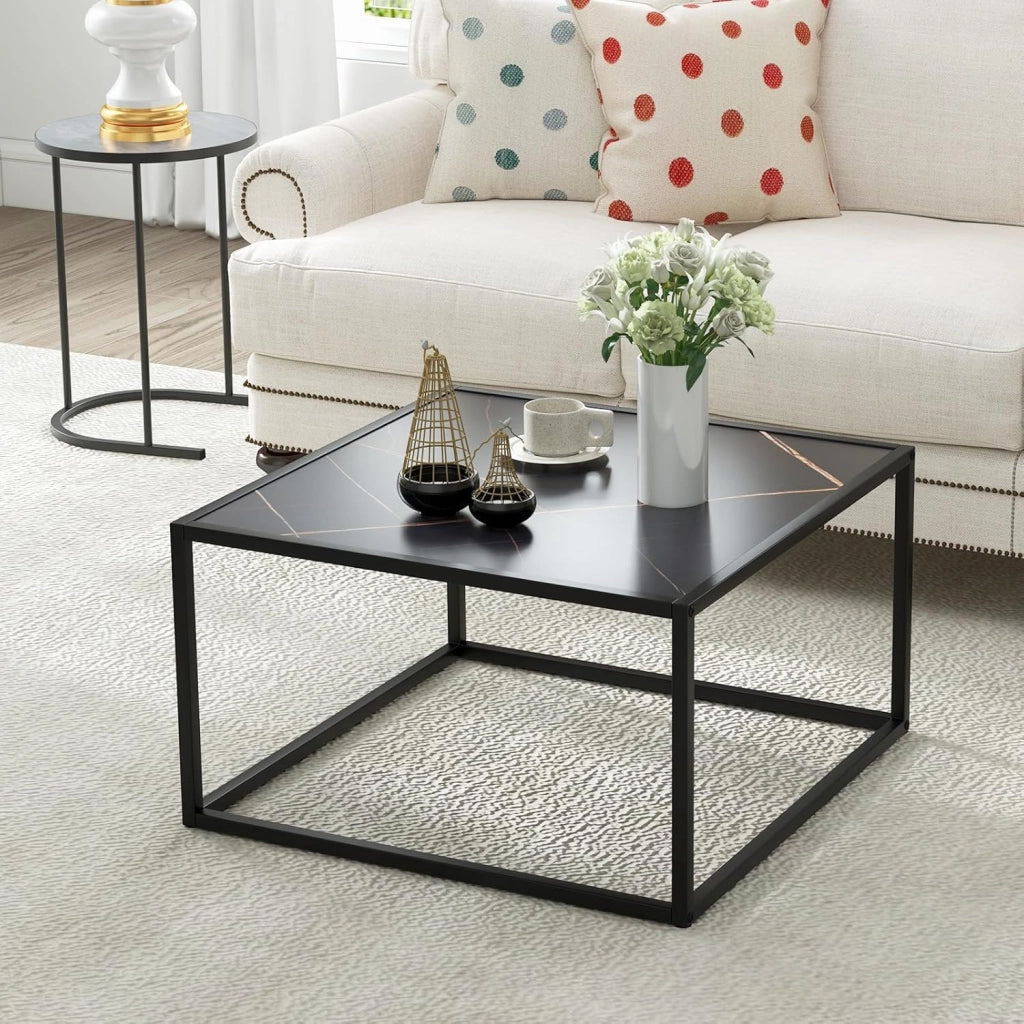 Tavolino da caffè effetto marmo, tavolino da tè con telaio in metallo, tavolo moderno, tavolino quadrato per soggiorno, 70 x 70 x 40 cm (nero)