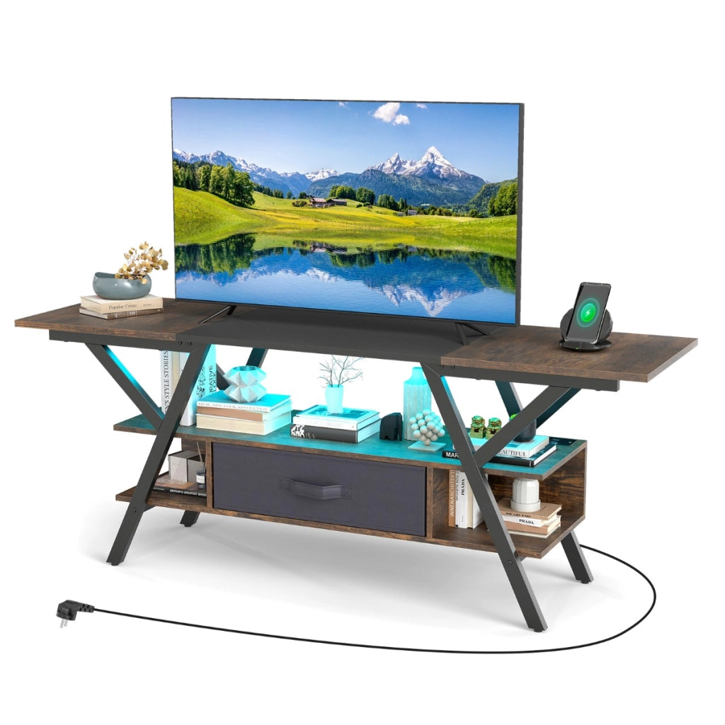 Mobile porta TV centro di intrattenimento a 3 livelli con luci LED e prese di corrente-Mobile porta TV per televisori da 65" Marrone