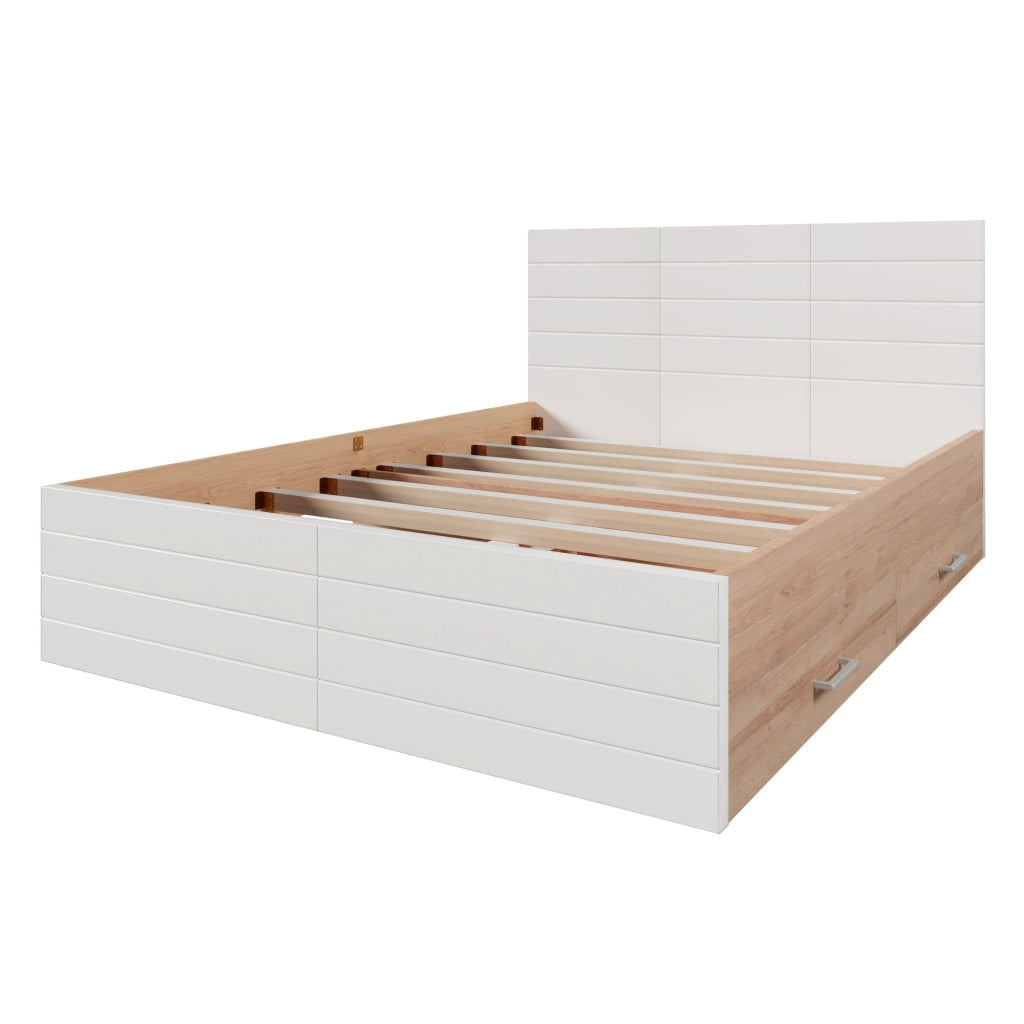 Letto matrimoniale 140x200 cm in legno massello e MDF con 2 cassetti, rete a doghe, bianco e rovere