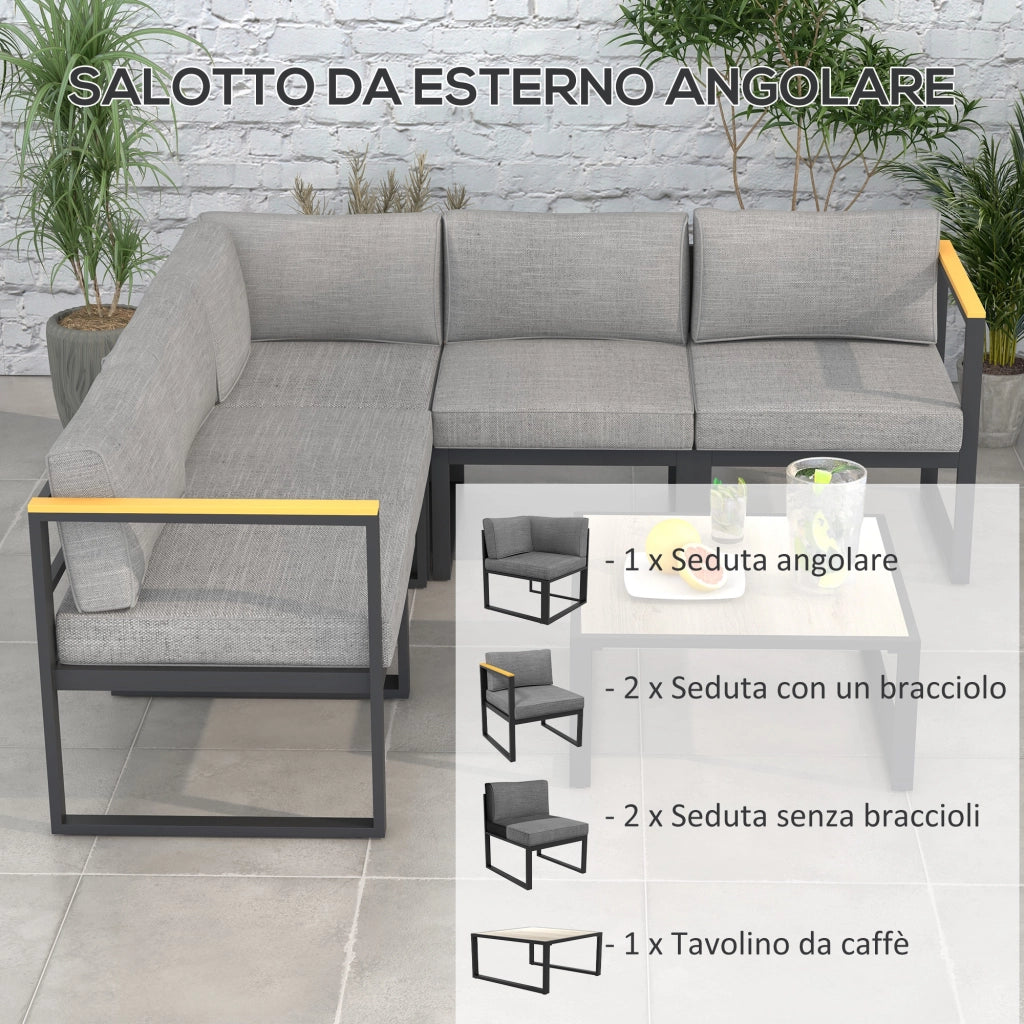 Salotto da Giardino con Divano e Tavolino in Alluminio con Cuscini Imbottiti, Grigio