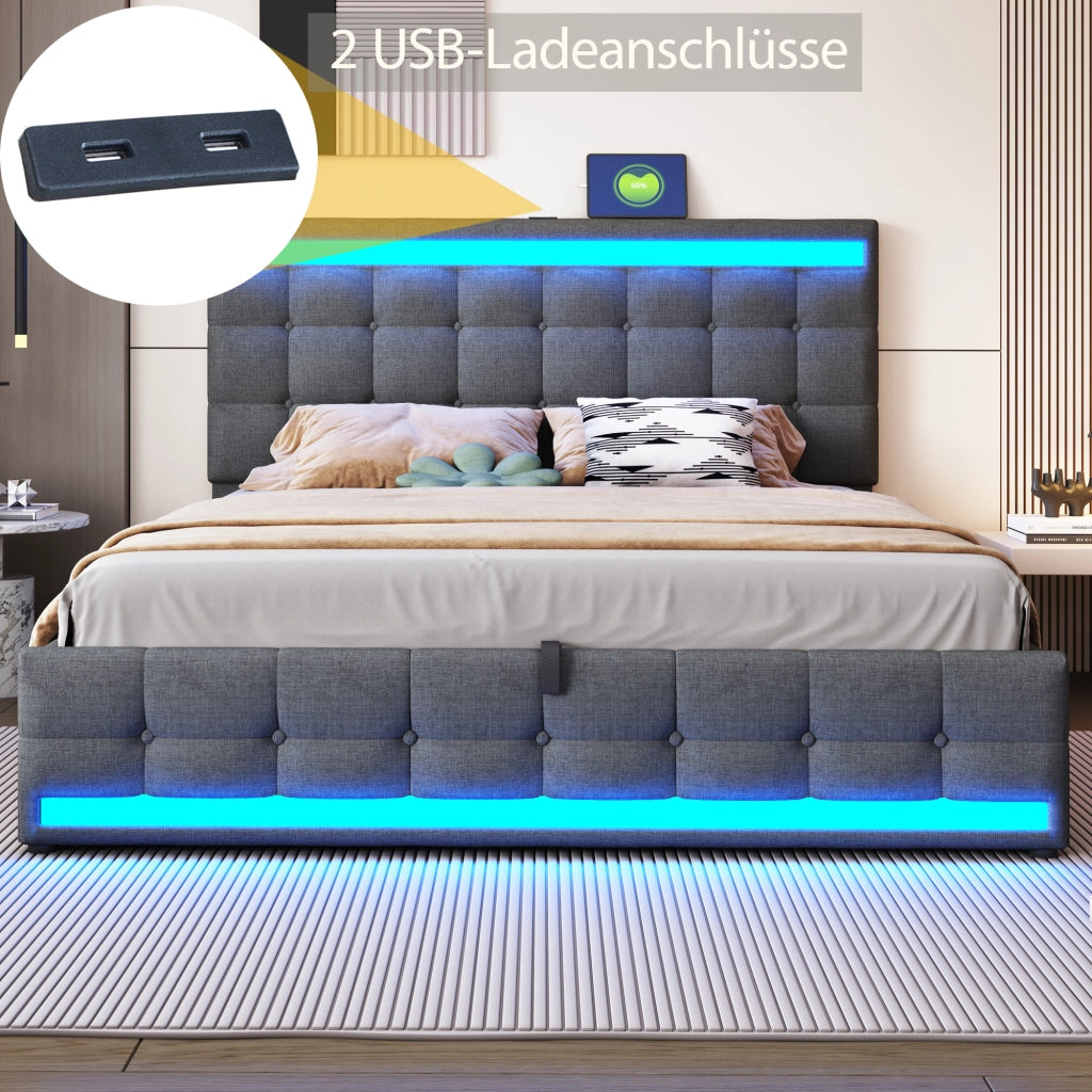 DESMIU Letto Adulto 180 × 200 cm 2 Posti con LED Regolabile, USB e Testiera Regolabile, Senza Materasso, Grigio