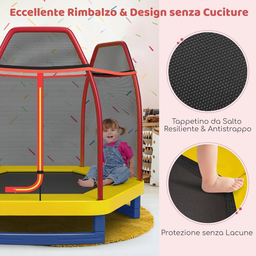 Trampolino Elastico per Bambini 223 cm, Tappeto Elastico per Bambini da Esterno ed Interno con Rete e Cuscinetto a Molle, Portata150 kg, Adatto ai Bambini 3+ Anni
