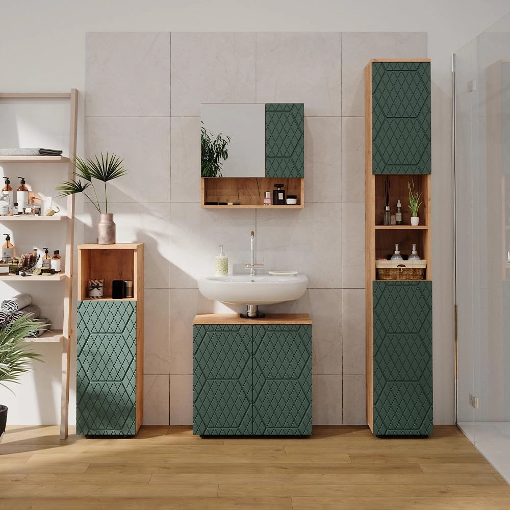 Set mobili bagno Irma, Quercia verde/oro, 4 pezzi, con colonna