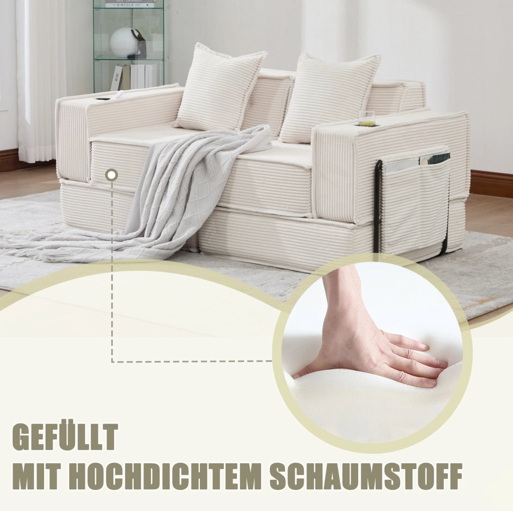 Pouf-sofà in velluto a coste beige con cuscini e tasche laterali