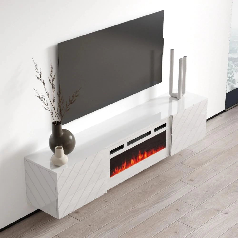 Mobile porta tv Roxy con camino elettrico bianco cm183x35x38h bianco lucido