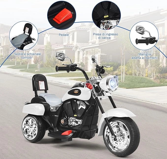 6V Moto Elettriche per Bambini, Moto Cavalcabile Marcia Avanti e Indietro, Portanza di Peso 30kg (Bianco)